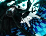  black_rock_shooter black_rock_shooter_(character) blue_eyes boots chain chains kaguyuzu long_hair pale_skin shorts solo twintails 