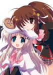  bell blue_eyes brown_hair buttons fang hat hiduki_yayoi hizuki_yayoi large_buttons little_busters! little_busters!! long_hair multiple_girls natsume_rin noumi_kudryavka red_eyes school_uniform wink 