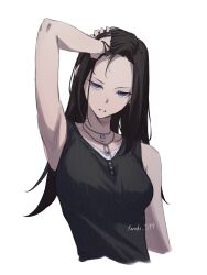  1girl bang_dream! black_hair blue_eyes breasts commentary hashtag-only_commentary highres jewelry kanade_(kanade_3344) long_hair looking_at_viewer medium_breasts necklace simple_background solo wakana_rei white_background 