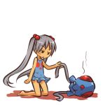  1girl bare_shoulders blush_stickers costume empty_eyes frilled_swimsuit frills grey_hair hair_bobbles hair_ornament hitec jpeg_artifacts kneeling long_hair moemon on_side one-piece one-piece_swimsuit personification pokemon pokemon_(creature) pokemon_(game) pokemon_rgby shadow silver_hair simple_background swimsuit tentacool twintails 