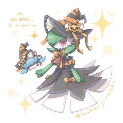  artist_name blue_hair bob_cut bow clothed_pokemon colored_skin gardevoir green_hair green_skin hair_over_one_eye hat hat_bow hatenna highres muku_jirushi multicolored_skin orange_bow pink_eyes pokemon pokemon_(creature) pokemon_cafe_remix pumpkin_hat_ornament sparkle two-tone_skin white_skin witch_hat 