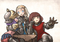  3girls armor blonde_hair blue_eyes brown_eyes brown_hair circlet gauntlets highres ironlily lady_leonie_(ironlily) multiple_girls opn_mouth ordo_mediare_sisters_(ironlily) pauldrons plate_armor purple_hair shoulder_armor surcoat table violet_eyes wooden_table 