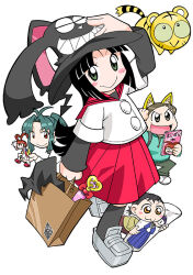  4girls :&gt; :3 aiko_(magipoka) alternate_costume animal_ear_hairband animal_ears animal_hair_ornament antenna_hair armored_gloves bag black_hair black_stripes black_tail blinking_inside_eyes blue_dress blue_eyes blue_sky blue_sleeves blunt_bangs blunt_ends blunt_sidelocks blush_stickers body_pillow bow brown_bag brown_hair buttons character_print closed_eyes closed_mouth collared_jacket colored_sclera cosplay curtained_hair demon_tail dhole_(toranoana) dress dress_bow dress_shoes eyelashes fake_animal_ears full_body glasses gloves green_eyes green_hair green_jacket green_pants green_sclera green_shirt green_sleeves green_undershirt grey_eyes grey_shoes grey_sleeves grey_socks grey_undershirt hair_between_eyes hair_intakes hair_ornament hairband hairclip hand_on_own_hat hand_on_own_head hat hime_cut holding holding_bag holding_figure holding_pillow jacket kneehighs kodomo_(toranoana) kotora_(toranoana) kuromimi_kotora layered_sleeves leg_up liru liru_(cosplay) loafers long_hair long_skirt long_sleeves manga_(object) medium_skirt miko_(toranoana) miniskirt mukku_(mook-tv) multiple_girls no_nose official_art open_mouth pants parted_bangs pillow pleated_skirt ponytail rabbit_ears red_bow red_eyes red_sailor_collar red_shoes red_skirt renkin_san-kyuu_magical_pokaan round_eyewear sailor_collar school_uniform second-party_source sharp_teeth shirt shoes shopping_bag short_over_long_sleeves short_sleeves sidelocks simple_background skirt sky smile socks straight_hair strapless strapless_dress striped_collar striped_fur striped_tail tail tan_(magipoka) teeth tiger tiger_hair_ornament tora_da_yo. toranoana triangle_nose two-tone_dress uma_(magipoka) undershirt unzipped upper_teeth_only v-shaped_eyebrows very_long_hair wand white_background white_gloves white_jacket white_shoes white_sleeve_cuffs white_socks wide_sleeves witch_hat wolf_ears yamane_(toranoana) yellow_bow yellow_eyes yellow_fur yellow_sleeve_cuffs yellow_sleeves yellow_tail 