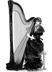  1girl alien_stage alternate_costume ascot commentary dress earrings greyscale hairband harp highres instrument jewelry long_dress monochrome on_stool pearl_earrings short_hair sitting solo sua_(alien_stage) wjdezhrgaznltnf 