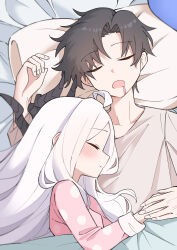  1boy 1girl :o absurdres ahoge ahti bed_sheet black_hair blanket blue_archive blue_archive_the_animation closed_eyes commentary_request demon_girl demon_horns drooling hair_between_eyes highres hina_(blue_archive) hina_(pajamas)_(blue_archive) horns hug long_hair long_sleeves lying official_alternate_costume official_alternate_hairstyle on_back on_bed on_side pajamas pillow pink_pajamas polka_dot polka_dot_pajamas sensei_(blue_archive) sensei_(blue_archive_the_animation) shirt short_sleeves sidelocks sleeping t-shirt under_covers upper_body white_shirt 