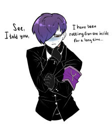  1boy absurdres armband black_gloves black_jacket blood blood_on_neck collared_shirt el_elluci gloves highres jacket lobotomy_corporation long_sleeves looking_at_viewer male_focus project_moon purple_armband purple_hair shirt short_hair simple_background solo sweater turtleneck turtleneck_sweater upper_body white_background white_shirt yellow_eyes yesod_(project_moon) 