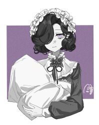  1girl absurdres blanket chinese_commentary closed_mouth commentary_request greyscale_with_colored_background hair_over_one_eye highres holding holding_blanket looking_at_viewer maid maid_headdress neck_flower neck_ribbon one_eye_covered purple_background reverse:1999 ribbon short_hair smile solo spot_color swaddled tuesday_(reverse:1999) two-tone_background upper_body violet_eyes white_background xy_mt2528 