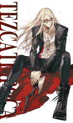 1boy absurdres black_boots black_jacket black_nails black_pants blonde_hair boots character_name eyelashes eyes_visible_through_eyewear fate/grand_order fate_(series) floating_hair highres holding holding_weapon jacket lace-up_boots long_hair male_focus midriff navel open_clothes open_jacket orange-tinted_eyewear pants shirt sitting solo sqloveraven swept_bangs tezcatlipoca_(fate) tezcatlipoca_(first_ascension)_(fate) tinted_eyewear weapon white_background white_shirt 