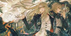  2boys black_jacket black_nails blonde_hair daybit_sem_void facial_mark fate/grand_order fate_(series) highres holding holding_mask jacket jewelry long_hair long_sleeves looking_at_viewer male_focus mask medallion multiple_boys multiple_views necklace necktie open_clothes open_jacket open_mouth orange-tinted_eyewear plant shirt short_hair skeleton skull smile sqloveraven sunglasses tezcatlipoca_(fate) tezcatlipoca_(first_ascension)_(fate) tinted_eyewear upper_body violet_eyes white_shirt 