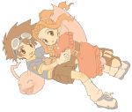  brown_eyes brown_hair digimon digimon_adventure dress gloves goggles hat koromon kurot long_hair orange_eyes orange_hair ponytail short_hair shorts socks tachikawa_mimi yagami_taichi 