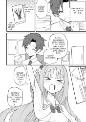  >_< 1boy 1girl :d absurdres ahti arm_up blue_archive blue_archive_the_animation blunt_bangs business_casual collared_shirt commentary exhausted food highres long_hair long_sleeves looking_at_viewer mika_(blue_archive) necktie paper_stack parted_bangs pocky school_uniform sensei_(blue_archive) sensei_(blue_archive_the_animation) shirt sidelocks smile waving xd 