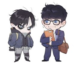  2boys :| bag batman_(series) black-framed_eyewear black_hair black_hood black_hoodie black_shoes blue_eyes blue_jacket blue_pants blue_suit brown_bag bruce_wayne buttoned_cuffs buttons cekrv9 clark_kent closed_mouth collared_shirt commentary dc_comics dot_nose english_commentary eye_contact flying_sweatdrops grey_pants highres holding holding_paper hood hoodie jacket layered_sleeves long_sleeves looking_at_another makeup male_focus multiple_boys necktie nervous_sweating pants paper parted_bangs red_necktie shirt shoes shoulder_bag side-by-side simple_background standing suit suit_jacket superman_(2025) superman_(series) sweat the_batman_(2022) unzipped white_background white_shirt wing_collar zipper 