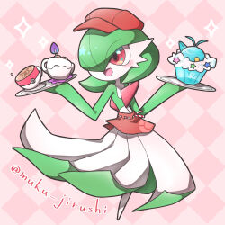  artist_name bad_id bad_pixiv_id bob_cut checkered_background colored_skin cup dress gardevoir green_hair green_skin hair_over_one_eye hat highres holding holding_tray muku_jirushi multicolored_skin newsboy_cap open_mouth pink_background pink_eyes pokemon pokemon_(creature) pokemon_cafe_remix red_hat smile sparkle teacup tray two-tone_skin white_dress white_skin 