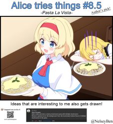  >_< 2girls alice_margatroid black_vest blonde_hair blue_dress blue_eyes blush bnelsey bow braid breasts capelet chair closed_eyes closed_mouth commentary dress english_commentary english_text food hair_bow hairband holding holding_plate kirisame_marisa ko-fi_logo long_sleeves multiple_girls mushroom no_headwear pasta plate qr_code red_hairband request_inset screenshot_inset short_sleeves side_braid single_braid sitting table touhou twitter_username vest wavy_mouth web_address white_bow white_capelet 