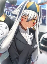  1girl animal_ears antenna_hair anubis_(mythology) black_hair black_jacket breasts colored_inner_hair dark-skinned_female dark_skin earrings facepaint facial_mark fate/grand_order fate_(series) gloves hairband index_finger_raised jackal_ears jacket jewelry long_hair long_sleeves looking_at_viewer medium_breasts medjed_(fate) multicolored_hair nitocris_(fate) nitocris_alter_(fate) nitocris_alter_(fgo_fes._2025)_(fate) one_eye_closed particle_sfs shirt sidelocks smile streaked_hair suit thighs very_long_hair white_gloves white_hair white_shirt yellow_eyes 