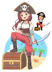  1girl :d animal bare_shoulders bicorne bird black_boots black_hair black_hat black_nails blue_eyes blue_sky blush boots brown_hair captain_morgan_pose clouds commentary_request crab fang fold-over_boots hand_on_own_hip hat highres holding holding_sword holding_weapon irasutoya irasutoya_challenge long_hair nail_polish off-shoulder_shirt off_shoulder palm_tree pants puffy_pants puffy_short_sleeves puffy_sleeves rakugakiraid red_pants scimitar shirt short_sleeves skull_and_crossbones sky smile sparkle sword treasure_chest tree very_long_hair weapon white_background white_shirt 