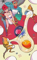  1boy 1girl 2others absurdres apron argyle_clothes argyle_hat argyle_sweater basket blue_sweater boots brown_boots choker closed_eyes colored_skin cooking egg egg_(food) food fried_egg frying_pan green_eyes guido_mista hat highres jojo_no_kimyou_na_bouken meat multiple_others musasabi05 open_mouth red_hair red_hat sex_pistols_(stand) shadow short_hair stand_(jojo) sweater teeth tomato trish_una turtleneck turtleneck_sweater vento_aureo yellow_skin 