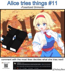  1girl alice_margatroid ascot autumn_leaves blonde_hair blue_dress blue_eyes blush bnelsey book breasts capelet chasing commentary dress english_commentary english_text fossilized_wonders grimoire grimoire_of_alice hairband ko-fi_logo leaf long_sleeves maple_leaf open_mouth outdoors qr_code red_ascot red_hairband request_inset screenshot_inset solo touhou tree twitter_username web_address white_capelet 