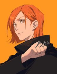  1girl absurdres between_fingers black_jacket chinese_commentary clenched_hand closed_mouth earrings eyelashes hair_behind_ear high_collar highres holding holding_nail jacket jewelry jujutsu_kaisen kugisaki_nobara lips long_sleeves looking_at_viewer nail_(hardware) niarwol orange_background orange_eyes orange_hair school_uniform short_hair simple_background smile solo upper_body 