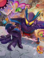 1boy absurdres crack cracked_floor debris explosion gochizo henshin_belt_gavv highres kamen_rider kamen_rider_gavv kamen_rider_gavv_(series) kamen_rider_gavv_master_mode male_focus motion_blur omochi_mochi_(mcmc_akari) sound_effects tokusatsu