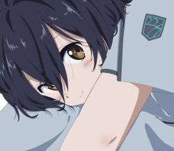  1girl 22/7 black_hair boku_wa_sonzai_shiteinakatta brown_eyes close-up closed_mouth dress emblem from_side grey_dress hair_between_eyes head_on_knee highres light_blush light_smile looking_at_viewer looking_to_the_side short_hair short_sleeves sitting solo takigawa_miu tanpaku_(oqu_2) 