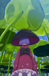  1girl absurdres black_sash bloomers blue_sky bowl bowl_hat commentary cowboy_shot day facing_away from_behind hat highres japanese_clothes kame_(kamepan44231) kimono leaf long_sleeves lotus_leaf mini_person minigirl obi outdoors purple_hair red_kimono sash short_hair sky solo sukuna_shinmyoumaru touhou white_bloomers 