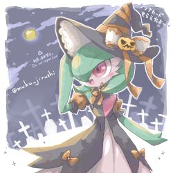  artist_name black_hat bob_cut bow clothed_pokemon colored_skin gardevoir gardevoir_(halloween) green_hair green_skin hair_over_one_eye hat hat_bow highres moon muku_jirushi multicolored_skin night open_mouth orange_bow pokemon pokemon_cafe_remix pumpkin_hat_ornament smile tombstone two-tone_skin white_skin 