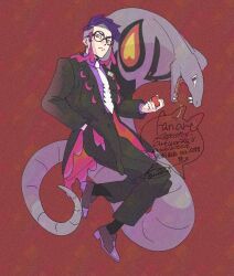  1boy arbok black-framed_eyewear closed_mouth collared_shirt commentary_request corbeau_(pokemon) glasses hand_in_pocket holding holding_poke_ball jacket long_sleeves looking_down male_focus necktie pants poke_ball poke_ball_(basic) pokemon pokemon_(creature) pokemon_legends:_z-a purple_hair purple_shirt round_eyewear sagemaru-br shirt shoes short_hair signature socks undercut watermark white_necktie 