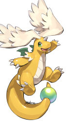 :d border claws dragonite feathered_wings full_body green_eyes happy head_wings highres horns makoto_ikemu mega_dragonite mega_pokemon no_humans open_mouth pokemon pokemon_(creature) pokemon_focus pokemon_legends:_z-a simple_background single_horn smile solo white_background wings