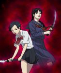  black_eyes black_hair blood+ blood_the_last_vampire bow braid brown_eyes cozy dual_persona long_hair otonashi_saya saya_(blood_the_last_vampire) school_uniform serafuku short_hair skirt sword twin_braids weapon 