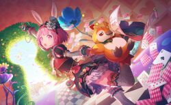  1girl :o ace_(playing_card) ace_of_clubs animal_ears black_thighhighs card carousel character_name clock club_(shape) colorful_palette confetti diamond_(shape) dress dutch_angle eight_of_hearts fake_animal_ears ferris_wheel five_of_clubs flower four_of_diamonds game_cg gloves highres holding holding_clock holding_stuffed_toy joker_(playing_card) official_alternate_costume official_art ootori_emu orange_flower phenny_(project_sekai) pink_eyes pink_hair playing_card project_sekai puffy_short_sleeves puffy_sleeves queen_(playing_card) queen_of_spades_(playing_card) rabbit_ears red_gloves scroll seven_of_clubs short_sleeves six_of_clubs solo star_(symbol) stuffed_toy ten_of_diamonds thigh-highs third-party_source three_of_hearts translation_request two_of_spades wonder_magical_showtime!_(project_sekai) yellow_flower 