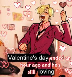  1boy ^_^ absurdres artist_name black_necktie blonde_hair closed_eyes collared_shirt commentary cowboy_shot curly_eyebrows english_commentary english_text facial_hair goatee hair_between_eyes heart heart_print highres holding huyandere male_focus mustache necktie one_piece open_mouth real_life_insert sanji_(one_piece) shirt short_hair smile solo suit 