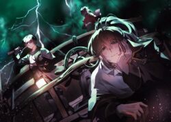  1other 2boys against_railing alternate_costume black_coat black_eyes black_hair character_request clouds coat dark_cloud elbow_rest eyepatch green_eyes green_sky hair_between_eyes hand_in_pocket hand_on_own_chin hetero high_ponytail highres hong_lu_(project_moon) ideal_u_u lightning limbus_company looking_at_viewer multiple_boys ocean outdoors partially_shaded_face pirate pirate_ship ponytail pov project_moon railing sidelocks sky spyglass steering_wheel yi_sang_(project_moon) 