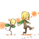  :o barefoot bellsprout blonde_hair blush_stickers hitec leaf moemon open_mouth personification pokemon pokemon_(creature) pokemon_(game) pokemon_rgby short_hair simple_background translated translation_request walking 