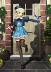  bird birds blonde_hair blue_eyes book bow door dress hair_bow hair_ribbon hair_ribbons hat k+ original ribbon ribbons shadow short_hair solo standing_on_one_leg thigh-highs thighhighs zettai_ryouiki 