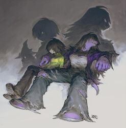  1boy 1girl 1other arm_around_shoulder colored_skin deltarune hair_over_eyes highres jacket kris_(deltarune) looking_at_viewer pants purple_jacket purple_skin ralsei reptile_girl shadow sharp_teeth shirt short_tail sitting susie_(deltarune) tail teeth torn_clothes torn_pants torn_shirt yotsuyu 