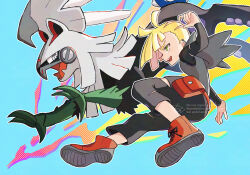  1boy :d black_shirt blonde_hair commentary_request fanny_pack from_side gladion_(pokemon) green_eyes grey_vest happy highres hood hood_down hooded_vest hoodie male_focus moegi_itsukashi open_mouth outline pants pokemon pokemon_(creature) pokemon_sm red_shoes shirt shoes short_hair signature silvally smile teeth tongue torn_clothes torn_pants torn_shirt upper_teeth_only vest watermark 