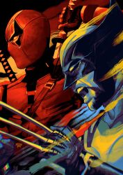  2boys artist_name black_bodysuit black_gloves bodysuit claw_(weapon) deadpool deadpool_&amp;_wolverine deadpool_(series) english_commentary facial_hair gloves hand_up helmet highres holding holding_sword holding_weapon katana looking_to_the_side male_focus marvel marvel_cinematic_universe multiple_boys open_mouth red_bodysuit red_gloves superhero_costume sword teeth two-tone_bodysuit upper_body uzuri_art weapon weapon_on_back wolverine_(x-men) x-men yellow_bodysuit 