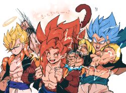  biceps blue_eyes blue_sash body_fur dragon_ball dragon_ball_gt dragon_ball_super dragon_ball_super_broly gogeta highres male_focus metamoran_vest monkey_boy monkey_tail multiple_persona muscular muscular_male no_nipples pants pectorals red_hair relio_db318 sash simple_background smile spiky_hair super_saiyan super_saiyan_1 super_saiyan_4 super_saiyan_blue tail veins veiny_hands white_pants 