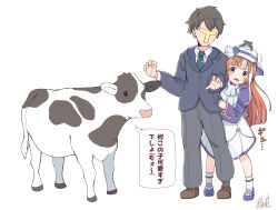  1boy 1girl akikawa_yayoi_(umamusume) animal animal_on_head blue_flower blue_jacket blue_neckerchief blue_rose blue_shoes blue_trim blush brown_hair cat cat_on_head collared_shirt commentary_request cow dress flower green_necktie grey_eyes hat hat_flower height_difference hiding hiding_behind_another highres jacket juliet_sleeves long_hair long_sleeves multicolored_hair neckerchief necktie on_head orange_hair puffy_sleeves rakugakiraid rose shirt shoes short_hair socks striped_neckerchief suit t-head_trainer_(umamusume) tie_clip trainer_(umamusume) translation_request two-tone_hair umamusume white_dress white_hair white_hat white_shirt white_socks 