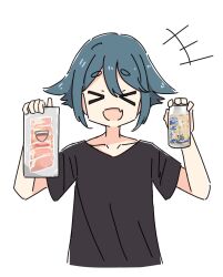  >_< +++ 1girl :d absurdres alcohol beer blue_hair can drink_can fang food ham highres holding holding_can holding_food komada_kako mono_(afro) ra_ru_ni shirt short_hair skin_fang smile solo t-shirt white_background 