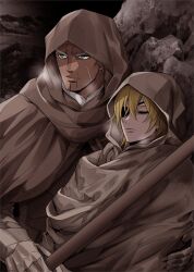  2boys armor bags_under_eyes blonde_hair brown_cloak cloak closed_eyes closed_mouth commentary_request dedue_molinaro dedue_molinaro_(timeskip) dimitri_alexandre_blaiddyd dimitri_alexandre_blaiddyd_(timeskip) fire_emblem fire_emblem:_three_houses frown gauntlets green_eyes hair_between_eyes highres holding holding_polearm holding_weapon hood hood_up male_focus megubiru multiple_boys parted_bangs partially_shaded_face polearm scar scar_on_cheek scar_on_chin scar_on_face weapon 