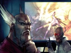  3boys balding dr.abel_(tekken) facial_hair furrowed_brow game_cg glasses grey_hair hand_on_own_chin kawano_takuji lab_coat male_focus mishima_heihachi mishima_kazuya multiple_boys mustache official_art old old_man pointing scientist screen tekken tekken_4 thick_eyebrows 