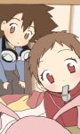  brown_eyes brown_hair digimon digimon_adventure goggles koromon kurot lowres red_eyes room short_hair siblings whistle yagami_hikari yagami_taichi 