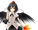  bad_id black_hair black_wings camera fan hat kuri_youkan shameimaru_aya short_hair solo touhou wings 