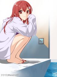  1girl 22/7 artist_name barefoot closed_mouth crossed_bangs facing_to_the_side flower from_side hair_between_eyes hair_flower hair_ornament highres hood hood_down hoodie long_hair long_sleeves looking_at_viewer nanairo_(nanairo227) open_clothes open_hoodie poolside purple_shirt red_eyes red_hair red_nails sato_reika shirt sleeves_past_fingers sleeves_past_wrists smile solo squatting water white_flower white_hoodie 