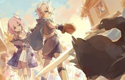  1boy 1girl :o aged_down ahoge bird blue_cape blue_eyes blue_shorts blue_sky cape chinese_commentary coat commentary_request cyrene_(honkai:_star_rail) dress goose grey_shirt hair_ornament holding holding_sword holding_weapon honkai:_star_rail honkai_(series) house jewelry lavita42 necklace official_alternate_costume outdoors people phainon_(a_dream_scented_in_wheat)_(honkai:_star_rail) phainon_(honkai:_star_rail) pink_hair purple_coat shirt shorts sky sword weapon white_dress wooden_sword 