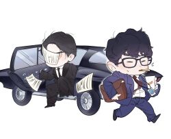  2boys batman_(series) belt black-framed_eyewear black_belt black_car black_hair black_jacket black_necktie black_pants black_shoes black_suit blue_jacket blue_pants briefcase bruce_wayne car cekrv9 clark_kent closed_eyes collared_shirt commentary cup dc_comics disposable_coffee_cup disposable_cup english_commentary flying_sweatdrops glasses highres holding holding_cup id_card jacket lapels long_sleeves male_focus motor_vehicle multiple_boys necktie open_clothes open_jacket pants paper paper_on_head parted_hair red_necktie running shirt shirt_tucked_in shoes simple_background suit suit_jacket superman_(2025) superman_(series) the_batman_(2022) wavy_hair white_background white_shirt wing_collar 