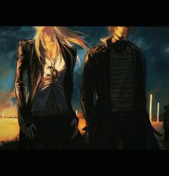  2boys absurdres black_coat blonde_hair blue_sky coat day daybit_sem_void fate/grand_order fate_(series) highres i_something_and_nothing jacket long_hair long_sleeves male_focus medallion multiple_boys necktie open_clothes open_jacket outdoors pants shirt short_hair sky tezcatlipoca_(fate) 