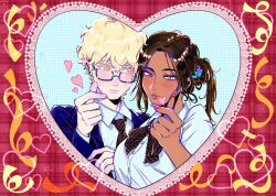  1boy 1girl alien_stage black_bow black_bowtie black_necktie blonde_hair blue-framed_eyewear blue_jacket bow bowtie brown_hair claw_hair_clip collared_shirt colored_eyelashes commentary dark-skinned_female dark_skin diagonal-striped_bow diagonal-striped_bowtie diagonal-striped_clothes diagonal-striped_necktie english_commentary finger_heart glasses grey_eyes hair_ornament hairclip heart highres hyuna_(alien_stage) jacket lace looking_at_another looking_at_viewer luka_(alien_stage) moonsolw necktie official_alternate_costume parted_lips pink_lips plaid_background school_uniform shirt striped_clothes white_shirt yellow_eyes 